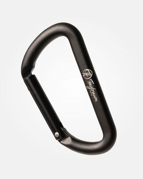 Die Vorderseite eines kleinen Aluminium Karabiners in schwarz