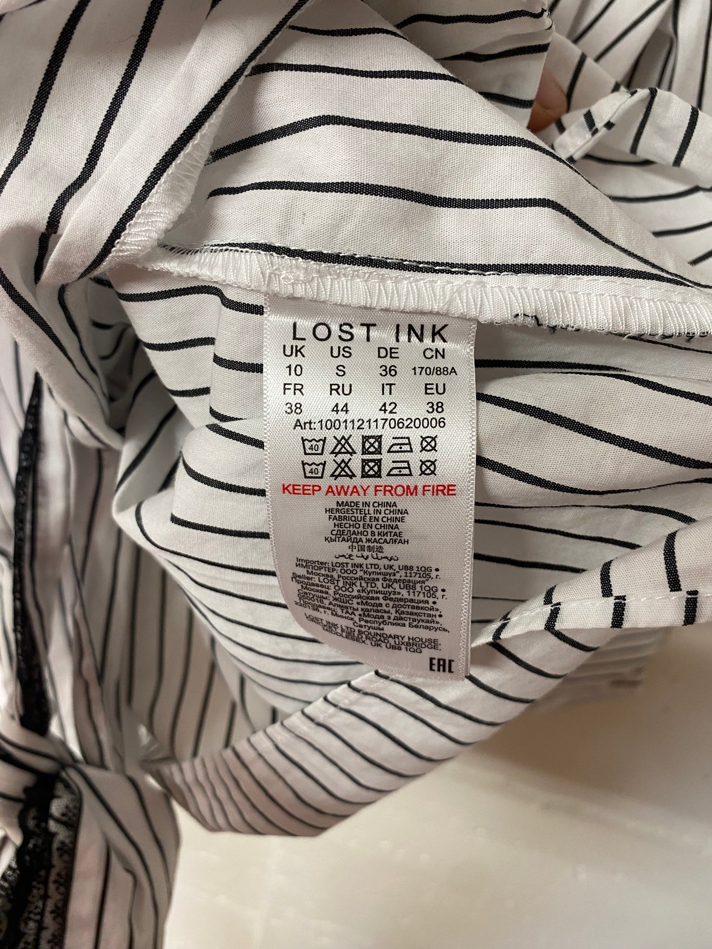Lost Ink Secondhand Bluse – Weiss mit Streifen, Grösse 36