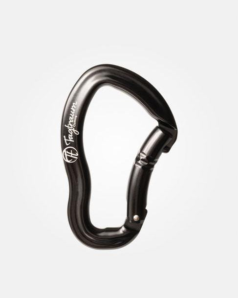 Die Vorderseite des schwarzen Aluminium Kletterkarabiner von Tagtraum ist zu sehen