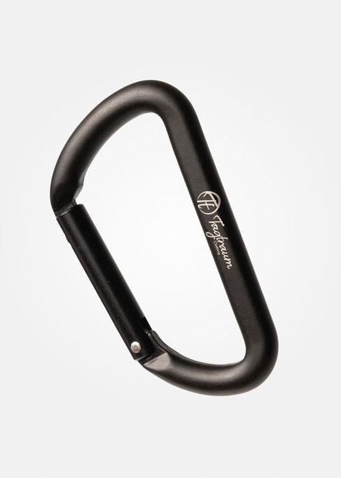 Die Vorderseite eines kleinen Aluminium Karabiners in schwarz