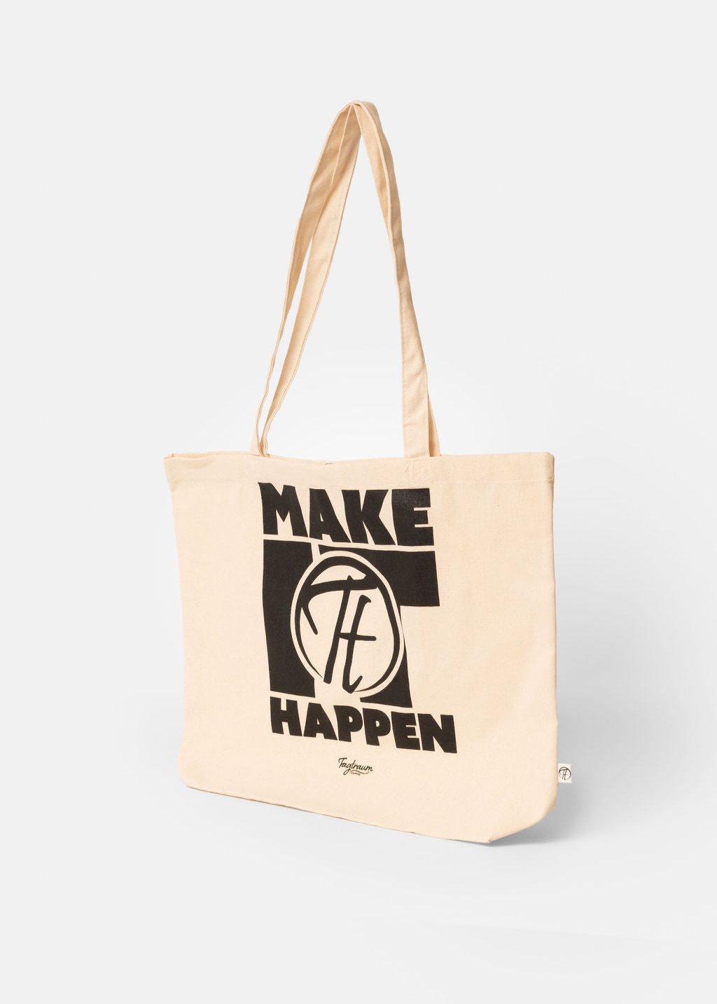 Ein naturfarbener Shopper aus 100% Bio Baumwolle mit einem schwarzen "Make it happen" Print