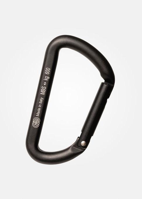 Die Rückseite eines Aluminium Karabiners ist zu sehen