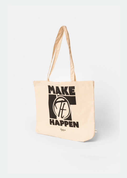 Ein naturfarbener Bio-Baumwoll Shopper mit einem coolen "Make it happen" Print in schwarz auf der Vorderseite