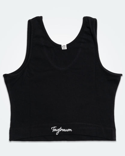 Schwarzes, cooles Crop Top mit edlem Stick. Cooles Must have Basic Teil für die Capsule Wardrobe