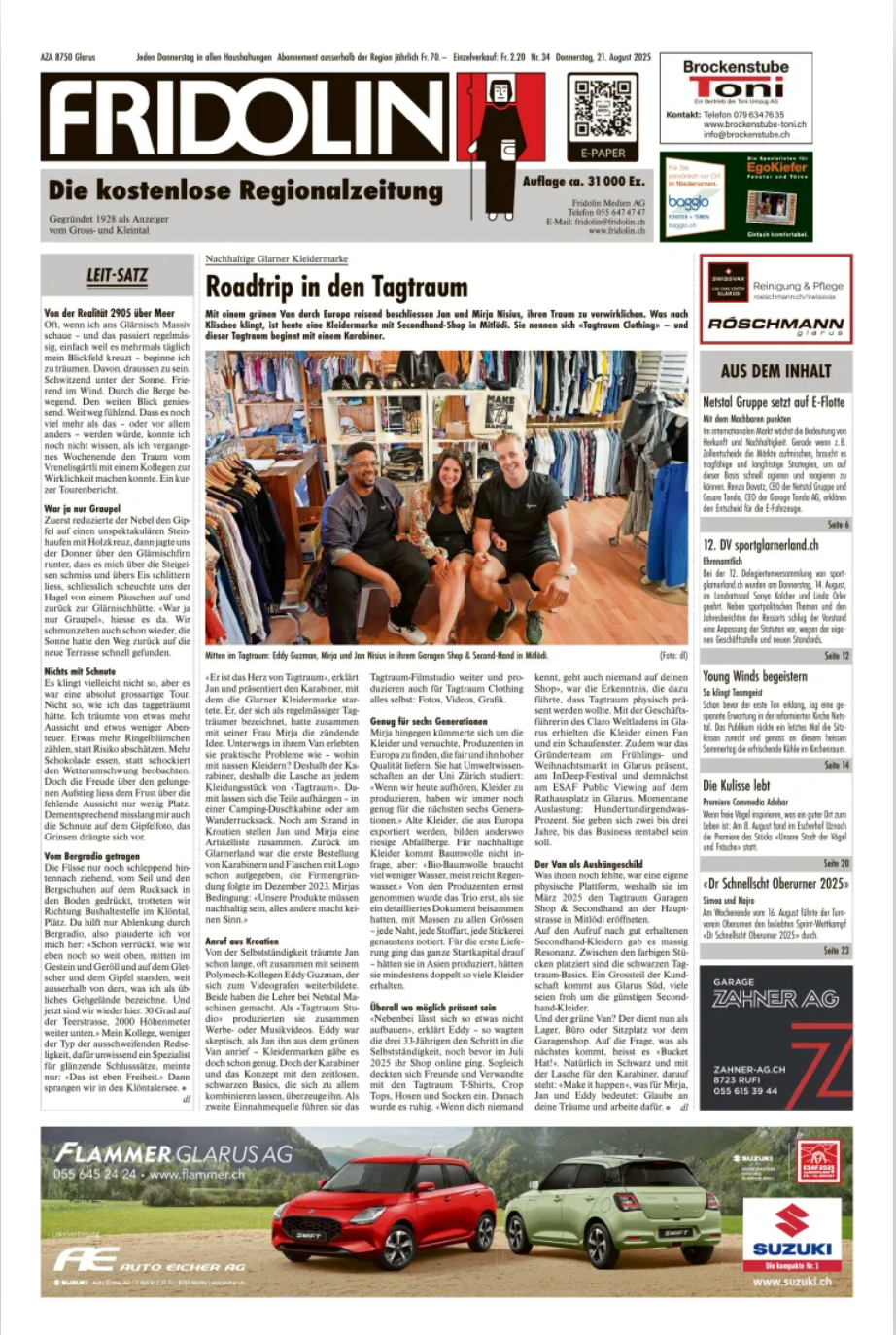 Die Titelseite von Fridolin Medien vom 21.08.2025 mit der Geschichte der Tagtraum GmbH unter dem Titel "Roadtrip in den Tagtraum"